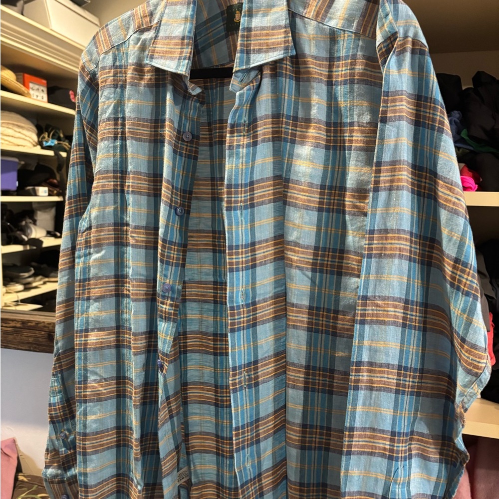 NWOT Robert Talbott Blue and Brown Plaid Linen Shirt